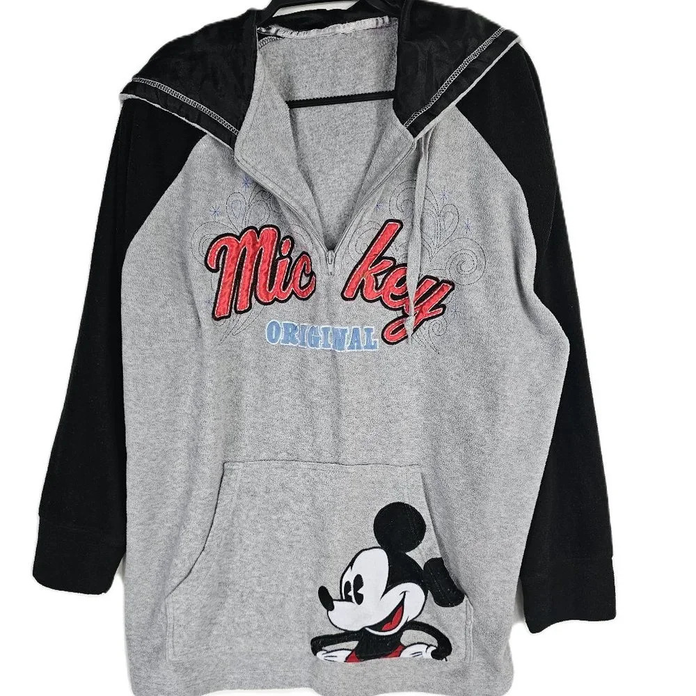 Disney Mickey Mouse Original Fleece Quarter Zip Hoodie Grey Black Raglan